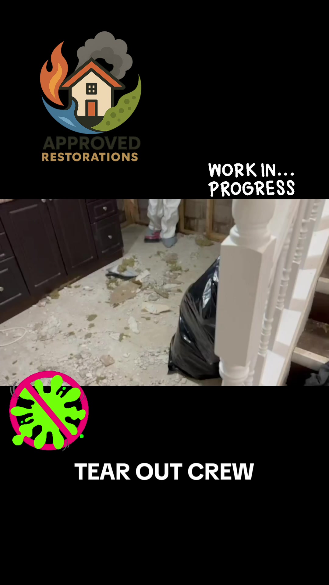 Water sat too long behind the walls, leading to extensive mold damage, so our tear-out crew is stripping back the affected materials, clearing the debris, and preparing the space for professional structural drying and full remediation.