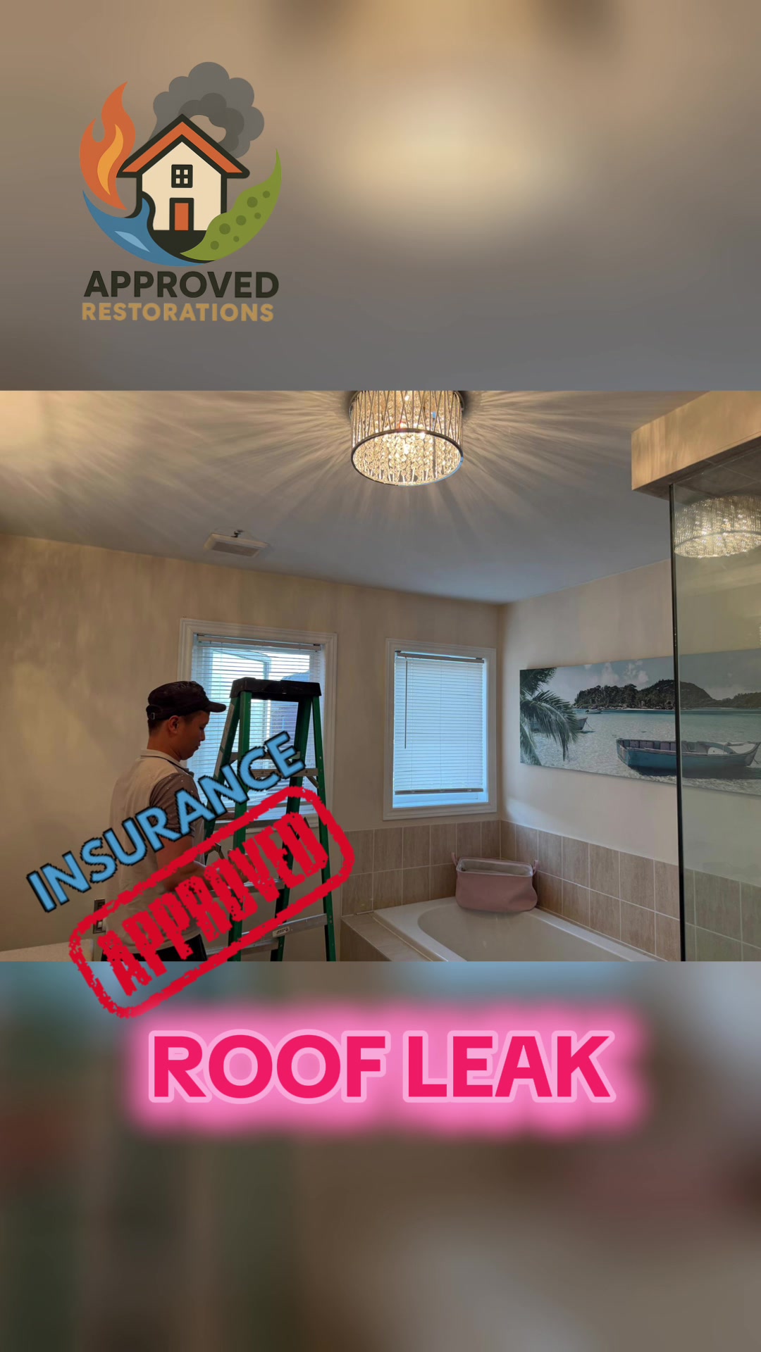 A persistent roof leak caused extensive water damage and mold growth in this bathroom ceiling, so our crew has removed the compromised drywall and is now drying the space with air movers and dehumidifiers, preparing it for a full reconstruction.