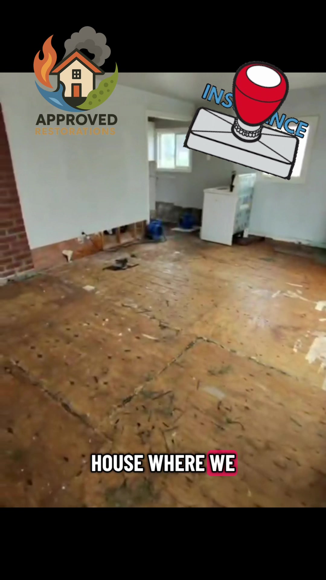 A burst pipe behind the wall soaked the subfloor and drywall, so our crew has already peeled back the flooring and cut out all the water-damaged material, running industrial fans and dehumidifiers to dry the exposed framing for a full rebuild.