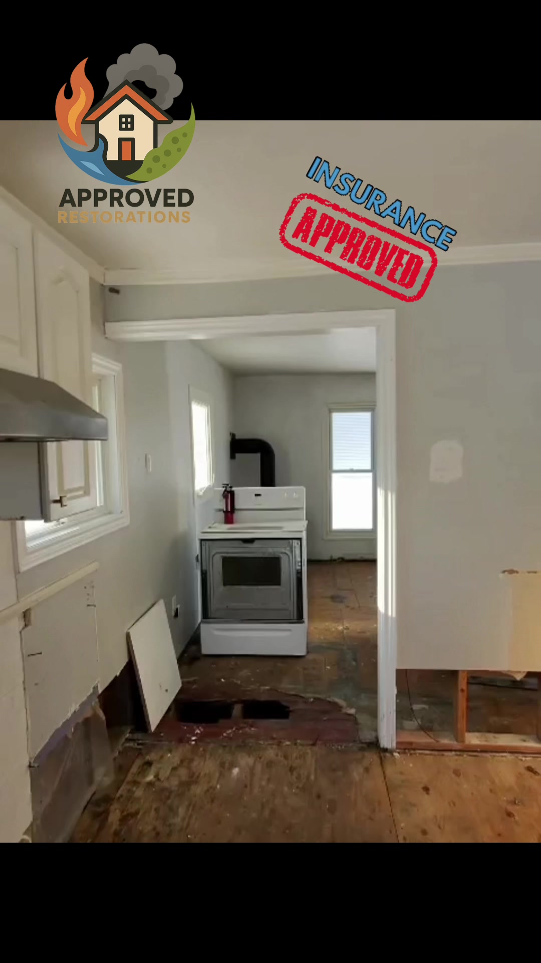 After a burst pipe flooded this Pefferlaw kitchen and soaked the subfloor, our crew is stripping out the damaged drywall and flooring, preparing for the full rebuild that insurance has already approved.