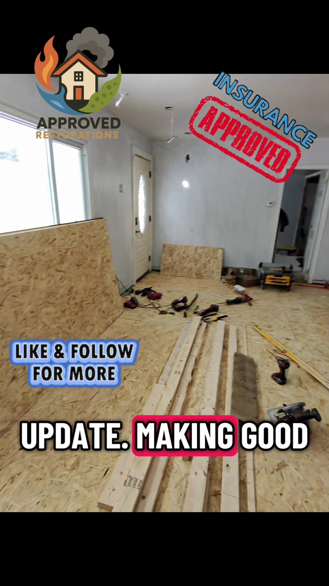 Working past the flood cuts on this water damage rebuild, our crew is laying down an eighth-inch secondary subfloor and wiring new pot lights across the ceilings, keeping the momentum going while we wait for a technician to disconnect the corner gas fireplace so we can finish swapping the floor beneath it.
