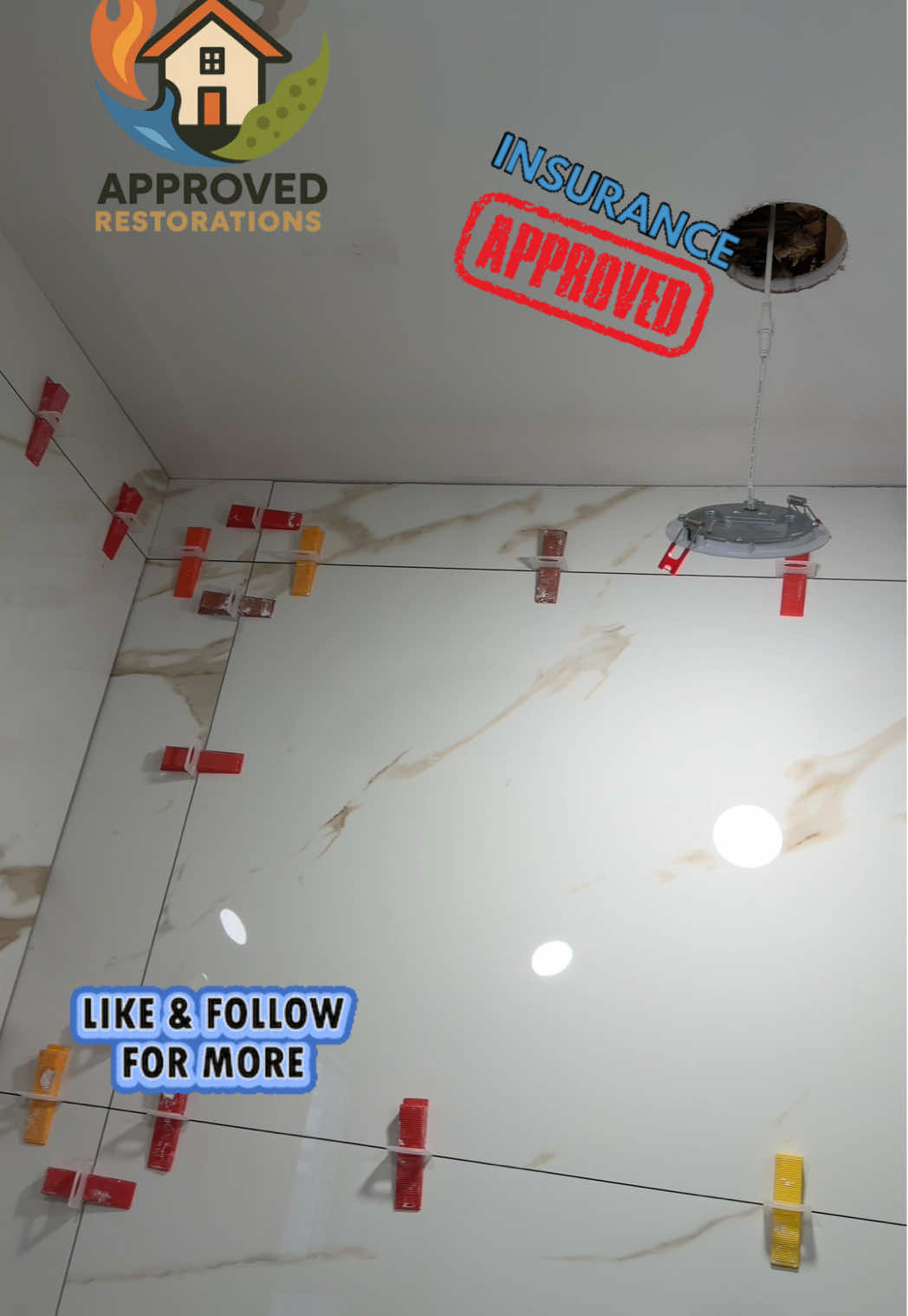 Extensive water damage required a massive tear-out at this Pefferlaw home, but with the insurance claim fully approved, our crew is now pushing through the complete reconstruction, mudding fresh drywall across the main floor and using precision leveling clips to perfectly set large-format marble tiles around the new bathtub.