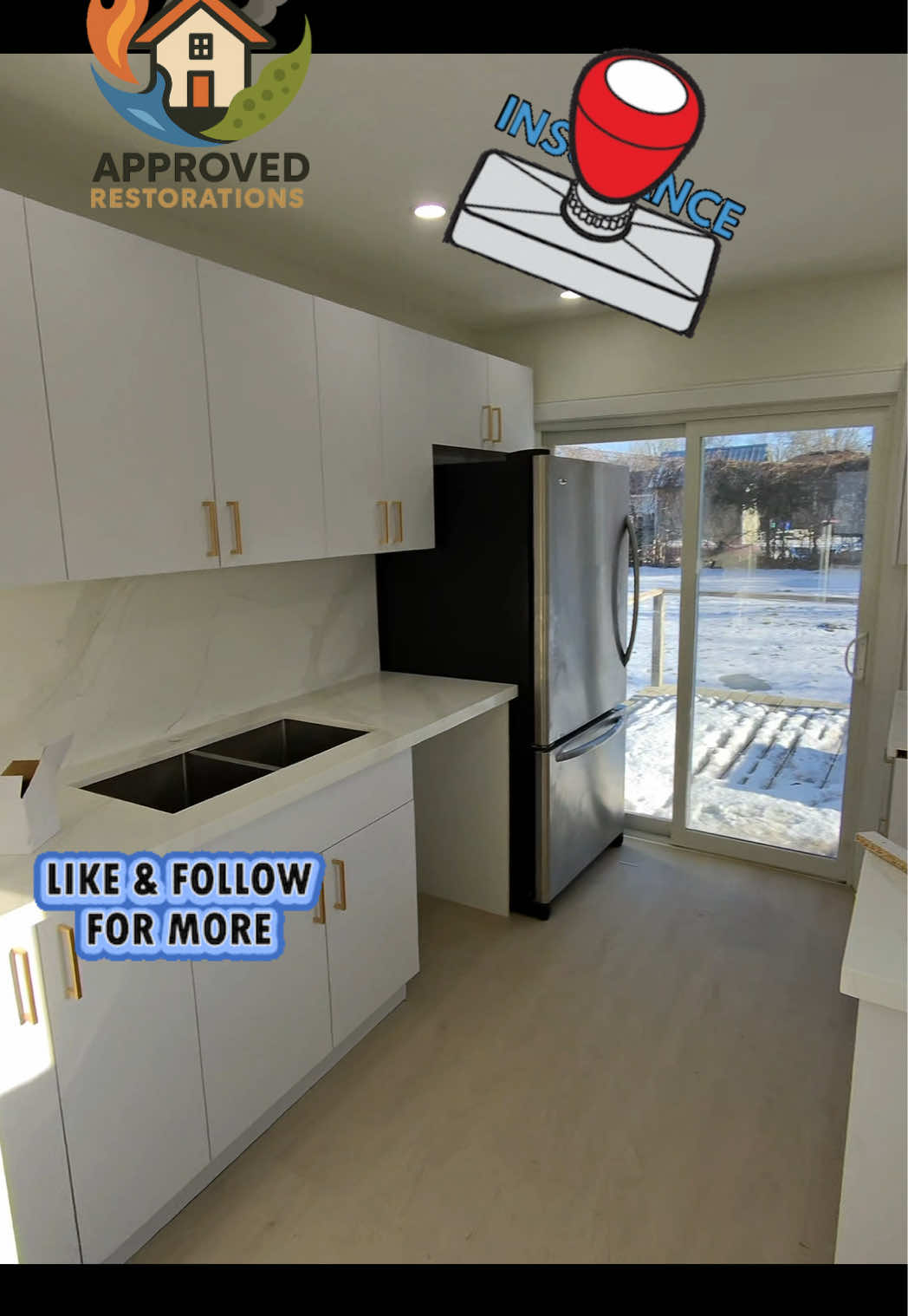 Nearing completion on a major water damage rebuild at this Pefferlaw home, our crew is tackling the final punch list to deliver a total transformation from what was here before—installing a new bathroom pedestal sink, touching up the fresh paint, and sliding the dishwasher into a stunning upgraded kitchen outfitted with brand-new, soft-close cabinetry.
