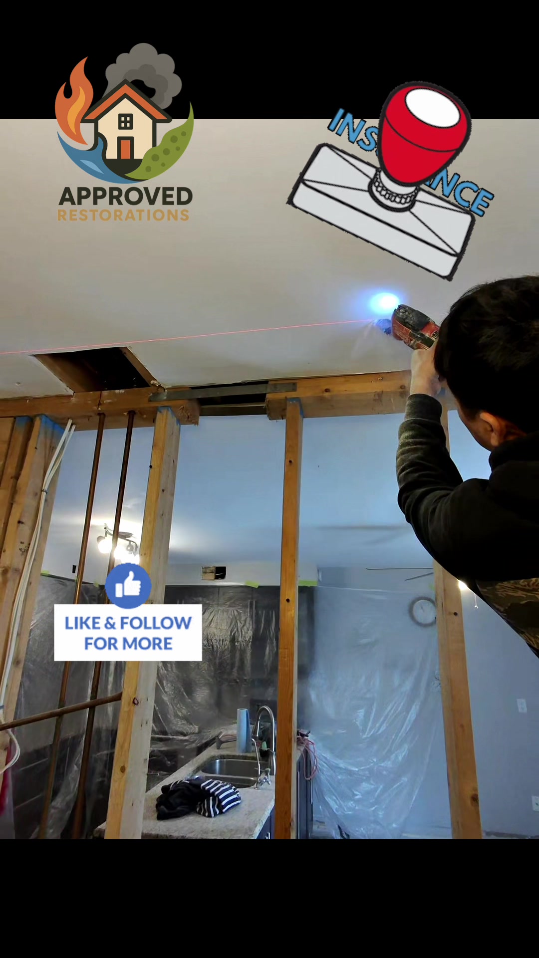 To turn this Vaughan water damage reconstruction into an open-concept upgrade, our crew is cutting the ceiling drywall along a laser line to frame a temporary support wall, holding the structural load so we can safely tear out the existing studs and hoist new LVL beams into place.