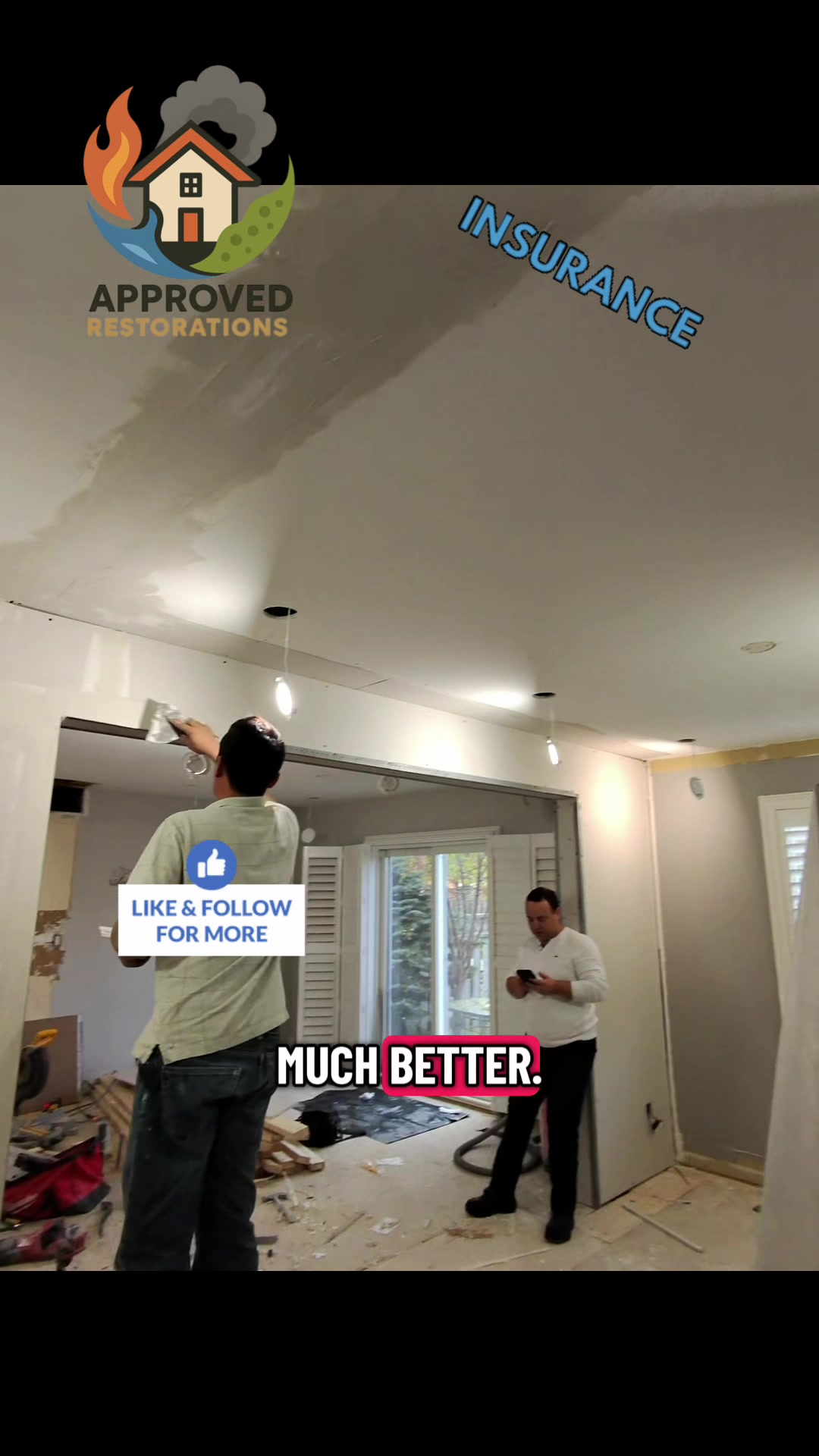 Making serious progress on this Vaughan water damage rebuild, our crew removed the old ceiling bulkhead to achieve a modern open concept, wired in fresh pot lights, and is now up on the ladders mudding the new drywall to leave this space looking much better than before.