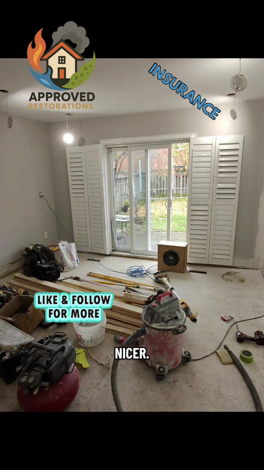 Handling a water damage claim at this Vaughan home, our crew is finishing up the drywall mudding and ceiling sanding to get the main floor feeling clean and open again — and with the walls fully prepped and the plastic sheeting ready to come down, we are about to bring in the new flooring and finish the rebuild.