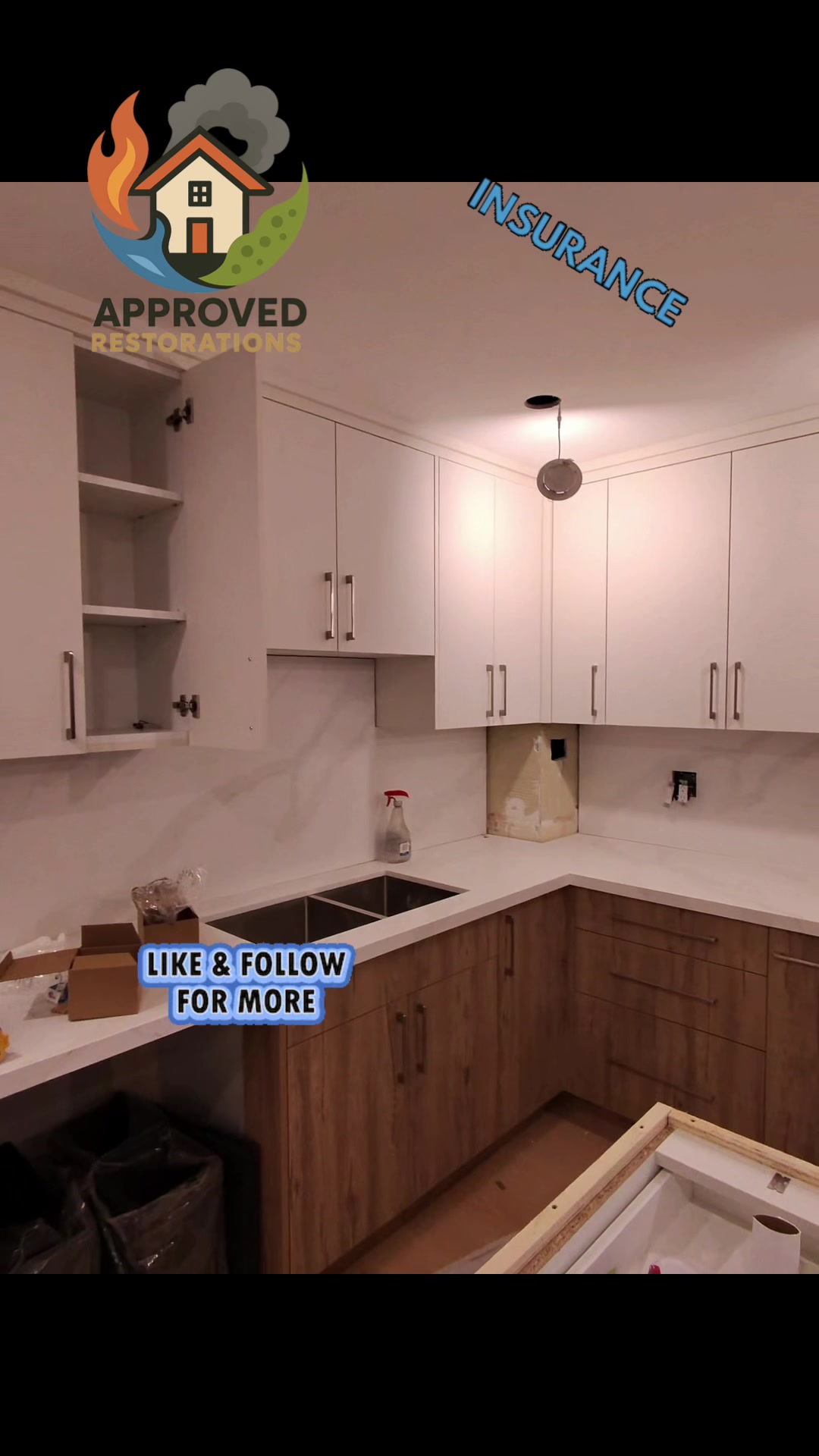 Nearing the finish line on a major water damage restoration at this Vaughan home, our crew has already touched up the walls, laid fresh tile, and mounted new hardware across the two-toned kitchen cabinets, and now we are just knocking out the final touch-ups around the center island to complete the rebuild.