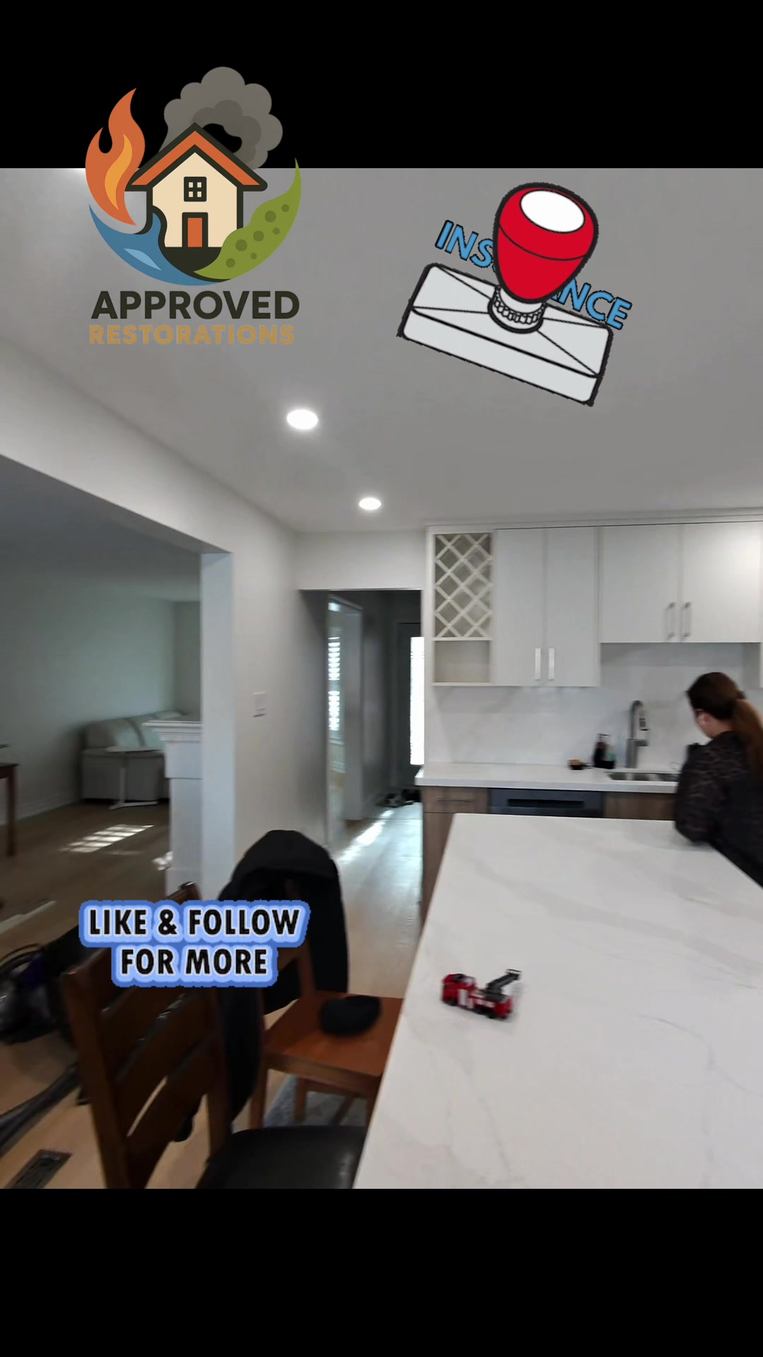 After extensive water damage tore through this Vaughan home, our team handled the insurance claim and completely rebuilt the main floor, laying fresh wood-look flooring and installing brand-new two-tone cabinetry while we secure the final plumbing connections under the kitchen sink to close out the project.