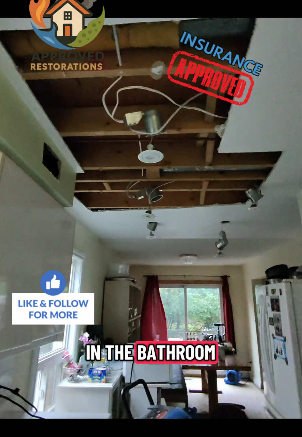 When an upstairs bathroom supply line failed and sent water pouring down the vent into the kitchen, it delaminated the upper cabinets and trapped moisture deep under the floor tiles. Our crew has already stripped the wet drywall and cracked flooring to ventilate the subfloor, running dehumidifiers across the main level and basement while we order a brand-new kitchen for the homeowner.