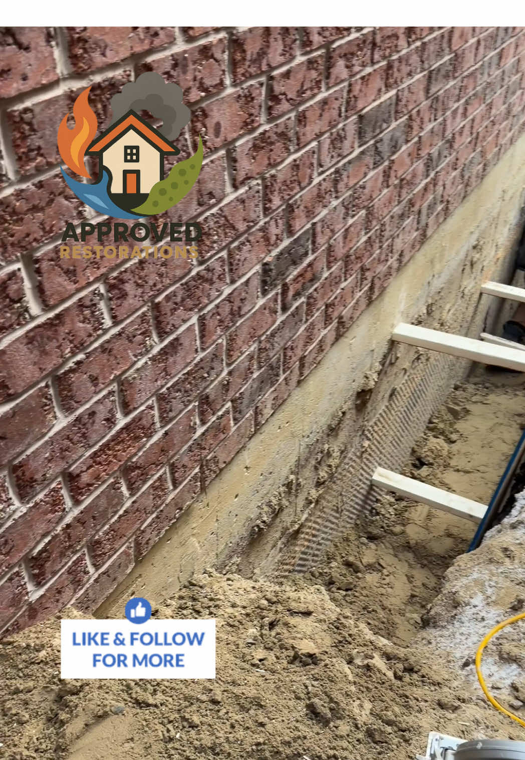 A massive foundation crack and destroyed exterior waterproofing caused severe interior flooding at this Thornhill home, so our crew is trenching deep along the brick foundation in the snow to expose the damage, shore up the dirt walls, and wrap fresh waterproofing completely around the back to seal the leak.