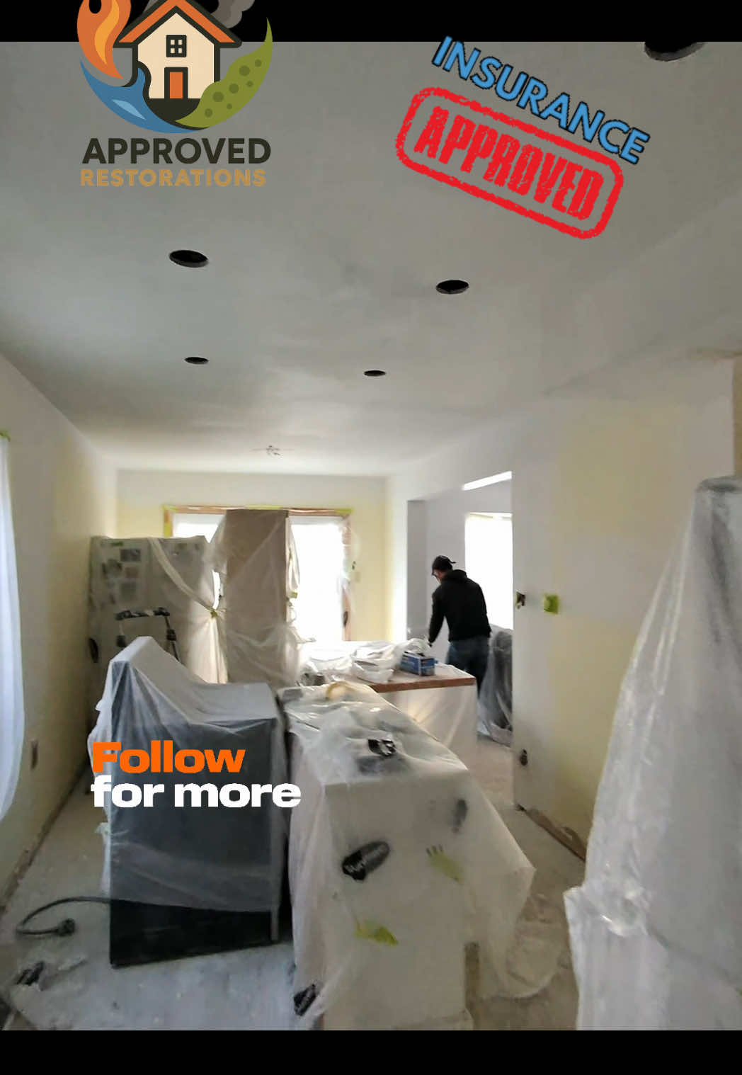 After an upstairs bathroom leak damaged this Markham kitchen, our crew stripped the ruined popcorn ceiling and installed a new LVL structural beam, and with the surrounding furniture safely tarped in plastic, we are now fixing up the drywall and wiring fresh pot lights before installing the brand-new cabinetry.