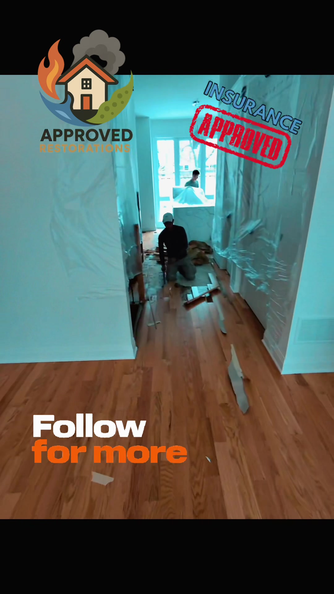 A severe kitchen leak in Thornhill sent water pouring right through to the basement, so our crew is ripping up the ruined hardwood on the main floor while the rest of our team works behind plastic containment downstairs to cut, measure, and hang fresh drywall for a complete bottom-up rebuild.