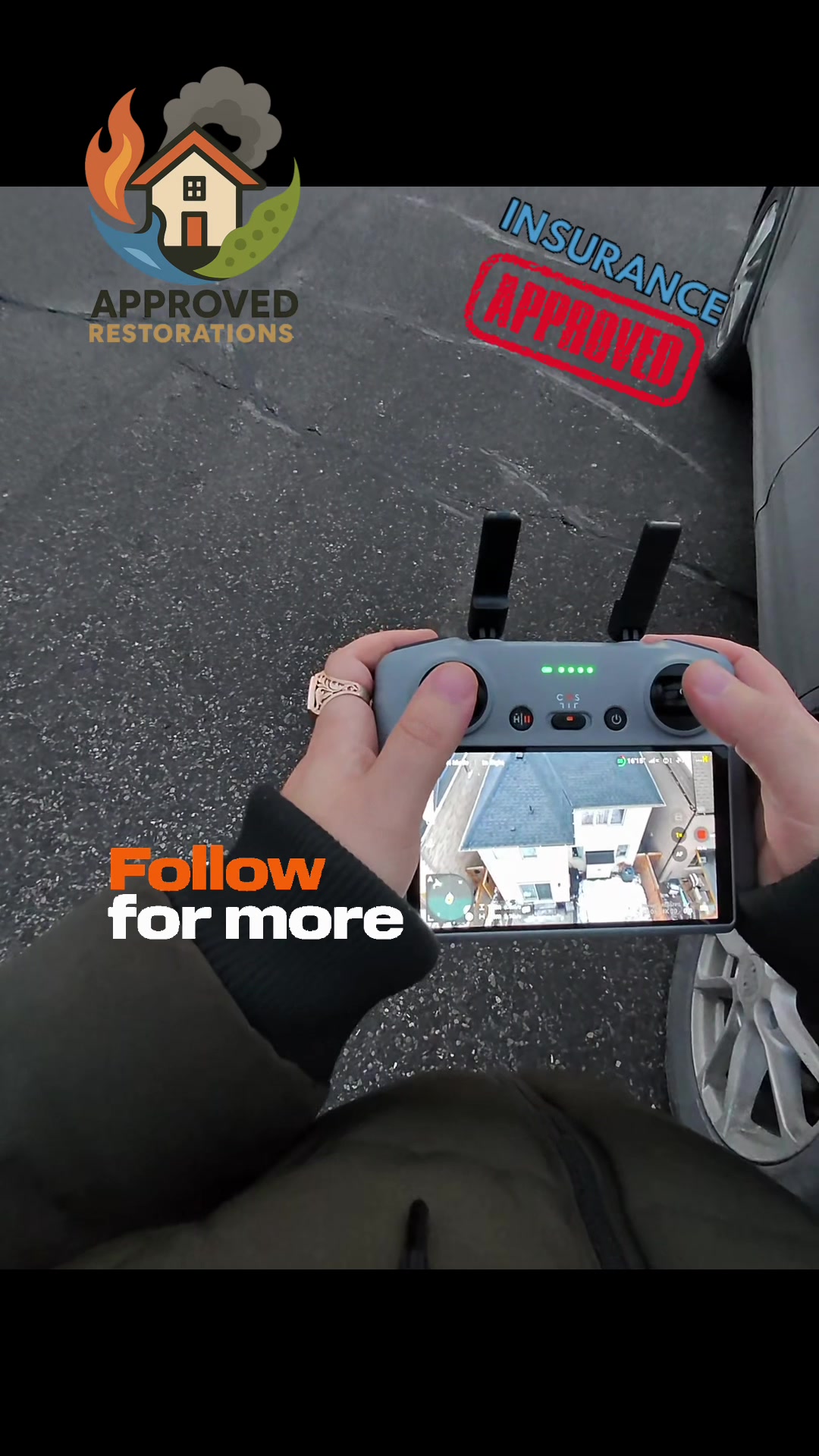 Now that our crew is finally done with this winter roof repair, we launch a drone from the snowy street to inspect the completed job from the top down, checking the fresh shingles on the controller screen to ensure the workmanship looks perfect before closing out the water damage insurance claim.