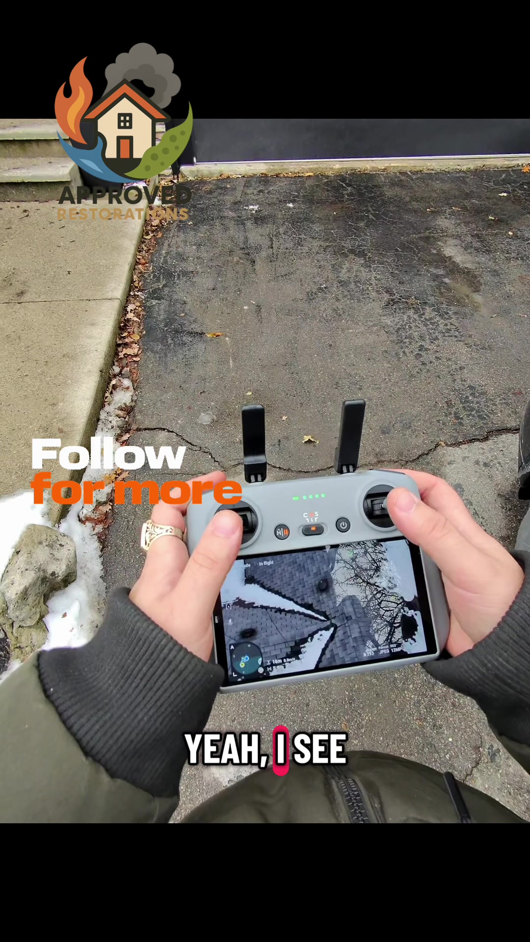 After a client reported a leaking roof, our team launched a drone over the snow-covered property to investigate suspected storm damage, capturing aerial photos of the visible problem areas to send to our roofing specialist so they know exactly what to expect before starting repairs.