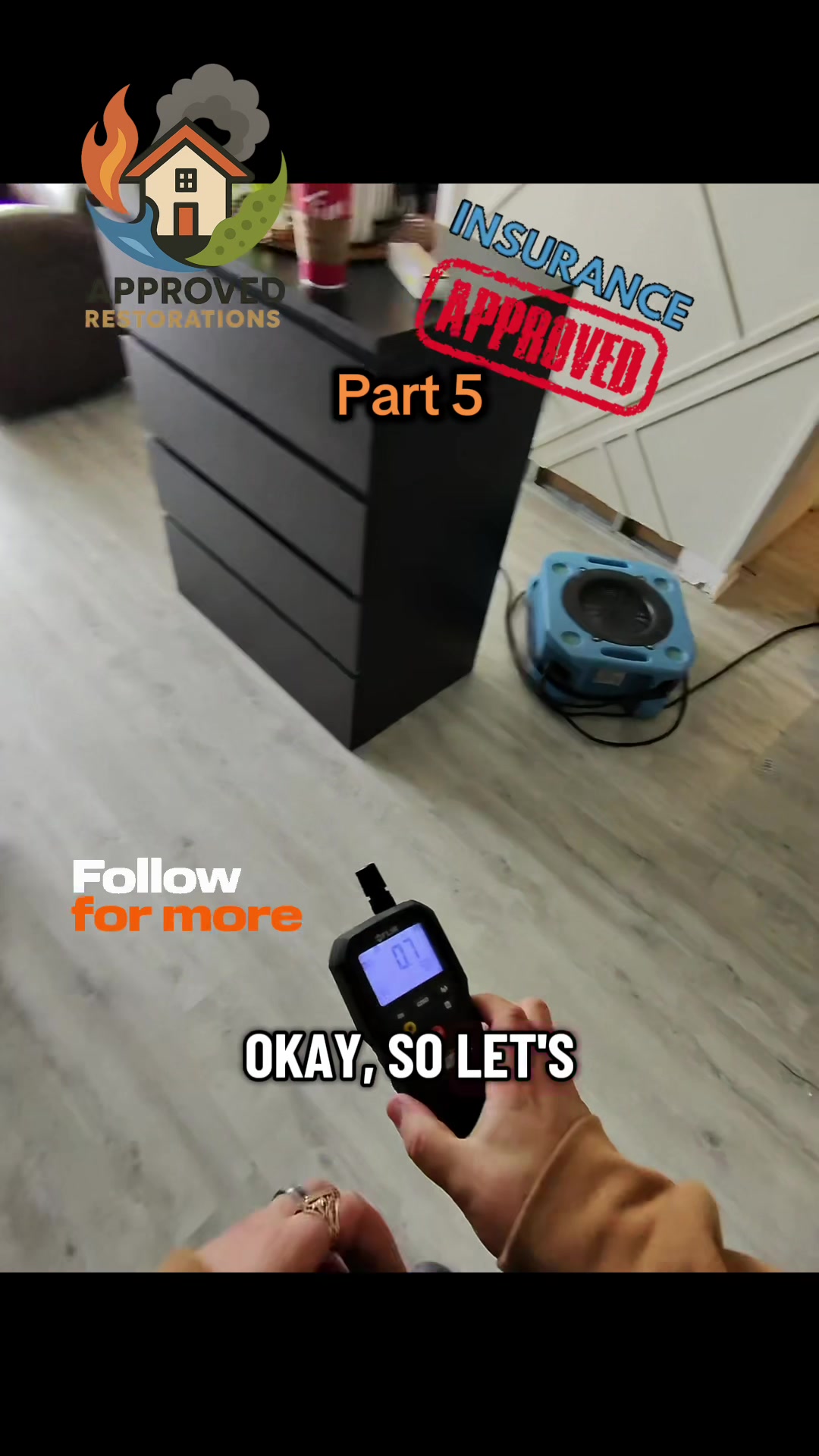 Following a major condo flood that pushed water under the kitchen dishwasher and ruined the homeowner's robot vacuum, our techs are running moisture meters across the laminate to map the spread, documenting the lost contents for insurance before we rip out the completely saturated flooring to get the subfloor dry.
