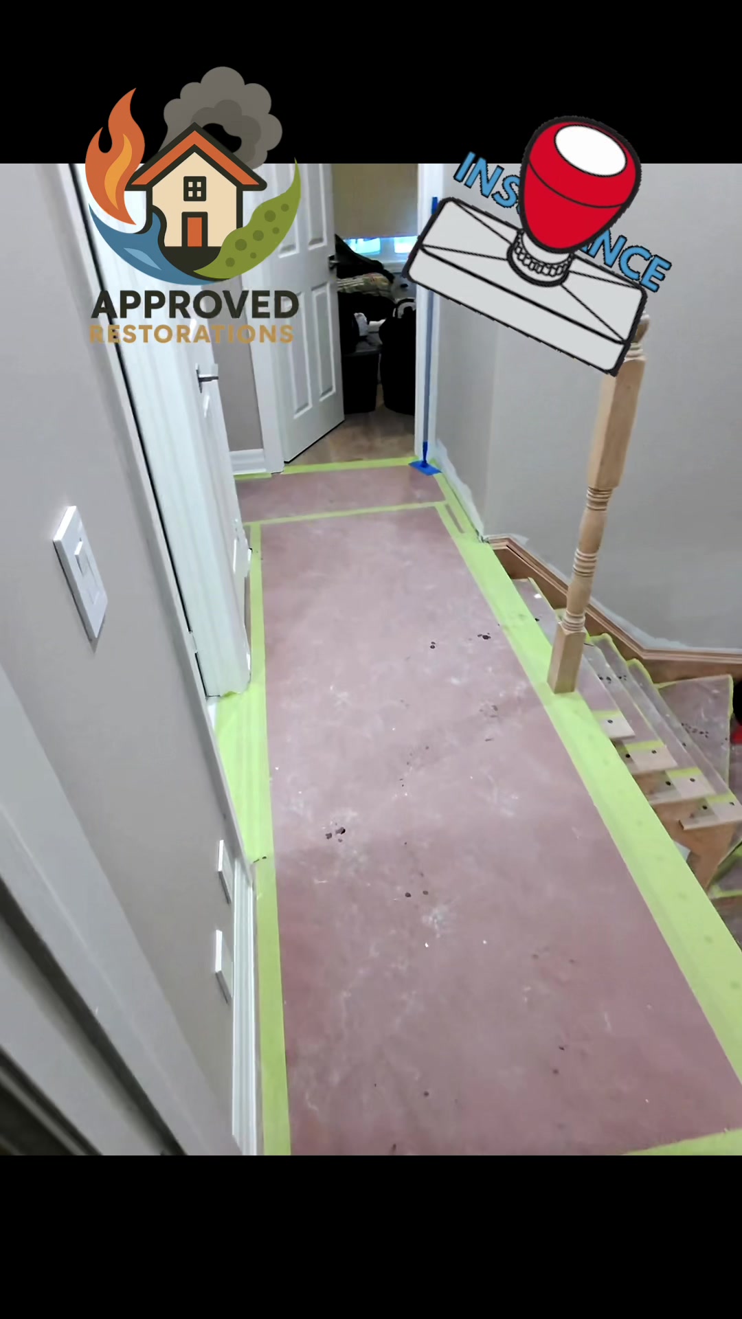 While insurance only covered a small section of flooring on this water damage claim, the homeowners paid out of pocket to upgrade the old carpet to matching hardwood throughout the house — so our crew has already laid the new planks, completely rebuilt the bathroom with fresh tile and a vanity, and we're just leaving the closet bare for their upcoming custom install.