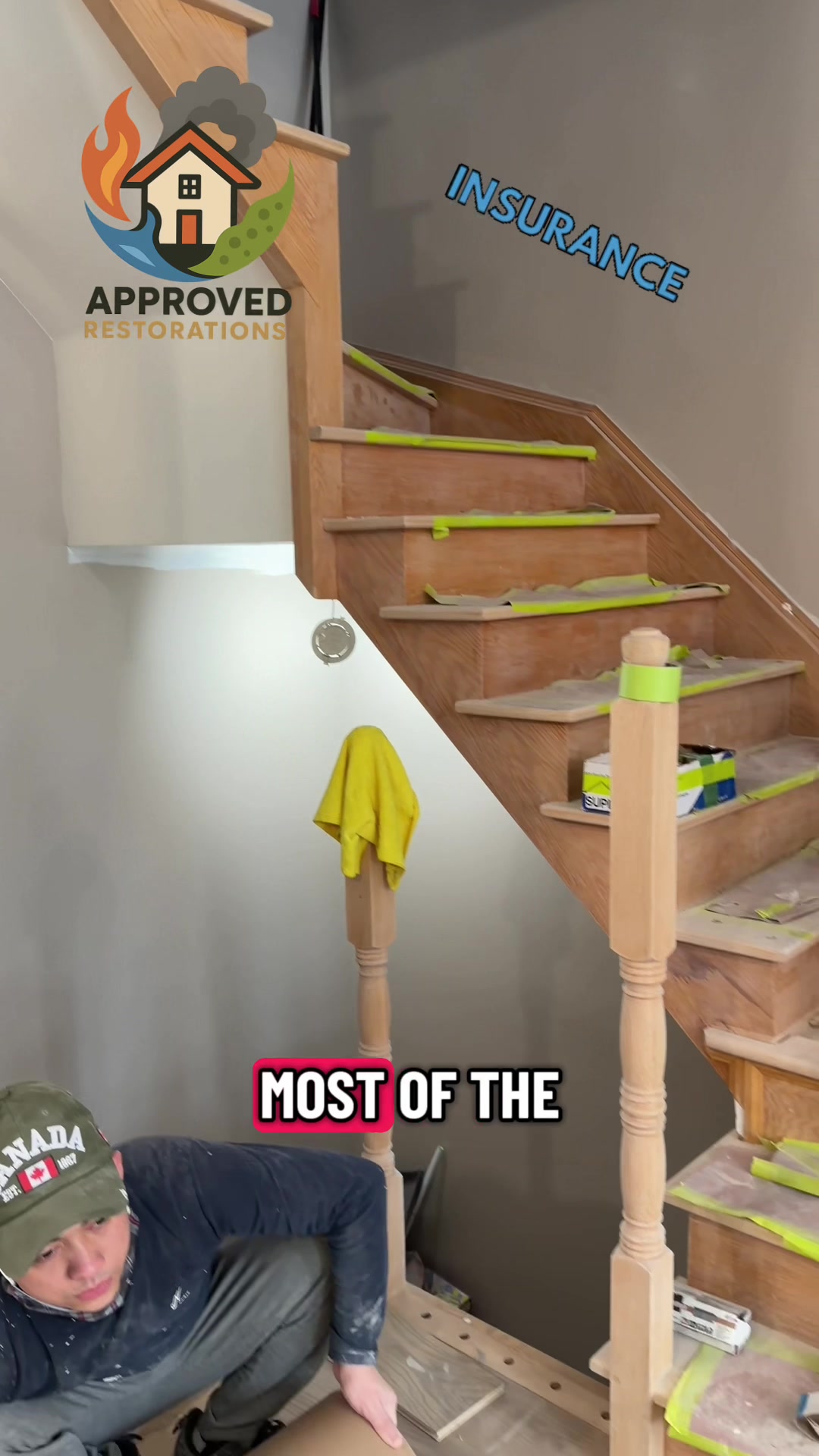 Following severe water damage to this Vaughan home's kitchen and basement, our team is making quick progress on the rebuild, touching up paint along the staircase and rolling out heavy protective paper over the newly installed hardwood floors as the entire space finally starts to come together.