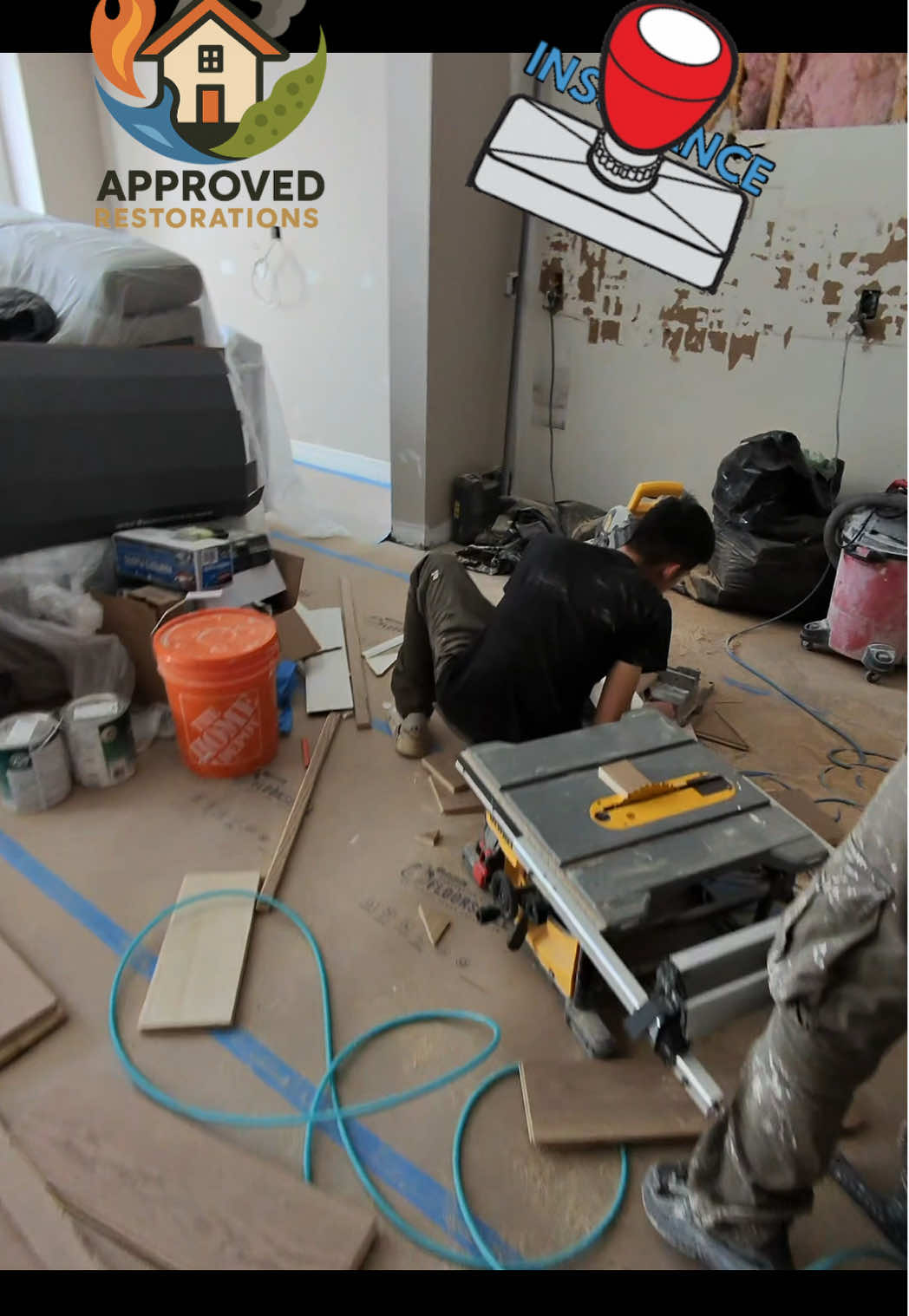 After an upstairs bathroom flood sent water pouring all the way through the kitchen and down into the basement, our crew is pushing hard on the rebuild by finishing the new hardwood, rolling a second coat of paint on the ceiling, and prepping the stripped walls for new cabinets arriving tomorrow.