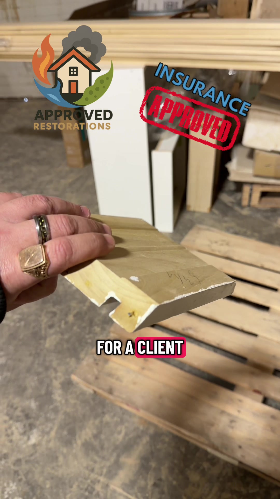 Because the replacement trim for this Newmarket water damage claim isn’t sold in stores, our team is fabricating custom, extra-thick wood baseboards in the shop, while our on-site techs wait for the kitchen ceiling's drywall compound to dry before painting and finish laying fresh tile in the basement washroom.