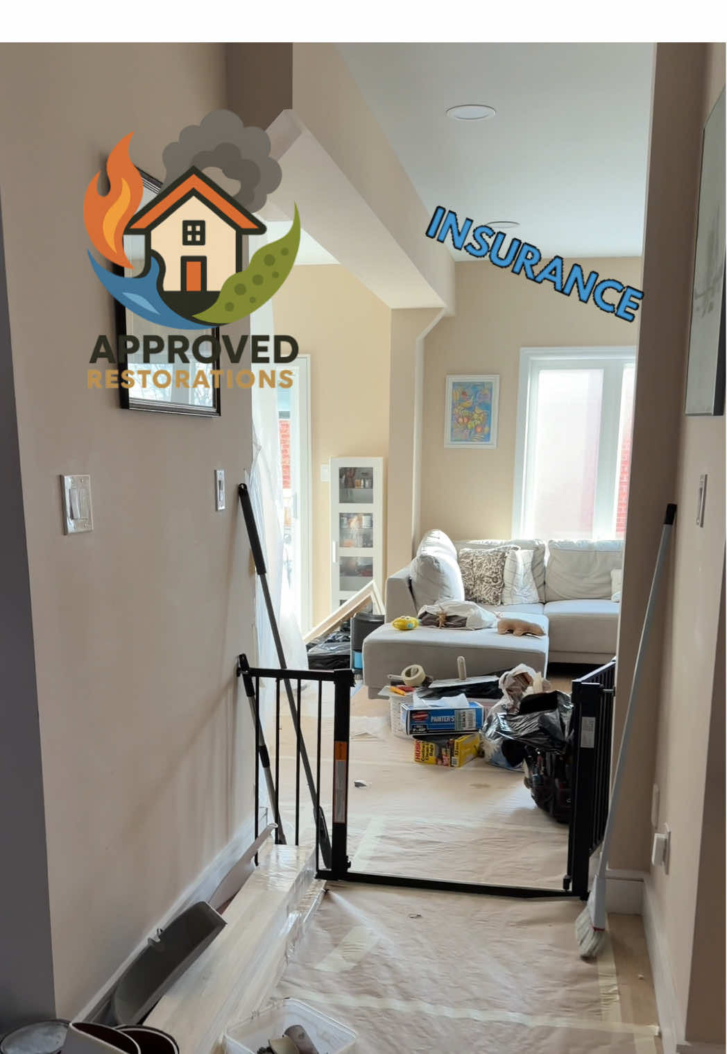 Following extensive water damage in this Newmarket home, our crew has strung up heavy plastic containment to trap the dust while we sand the freshly patched drywall in the kitchen and basement washroom, smoothing out the ceilings and shower enclosure to get the property looking exactly as it should.