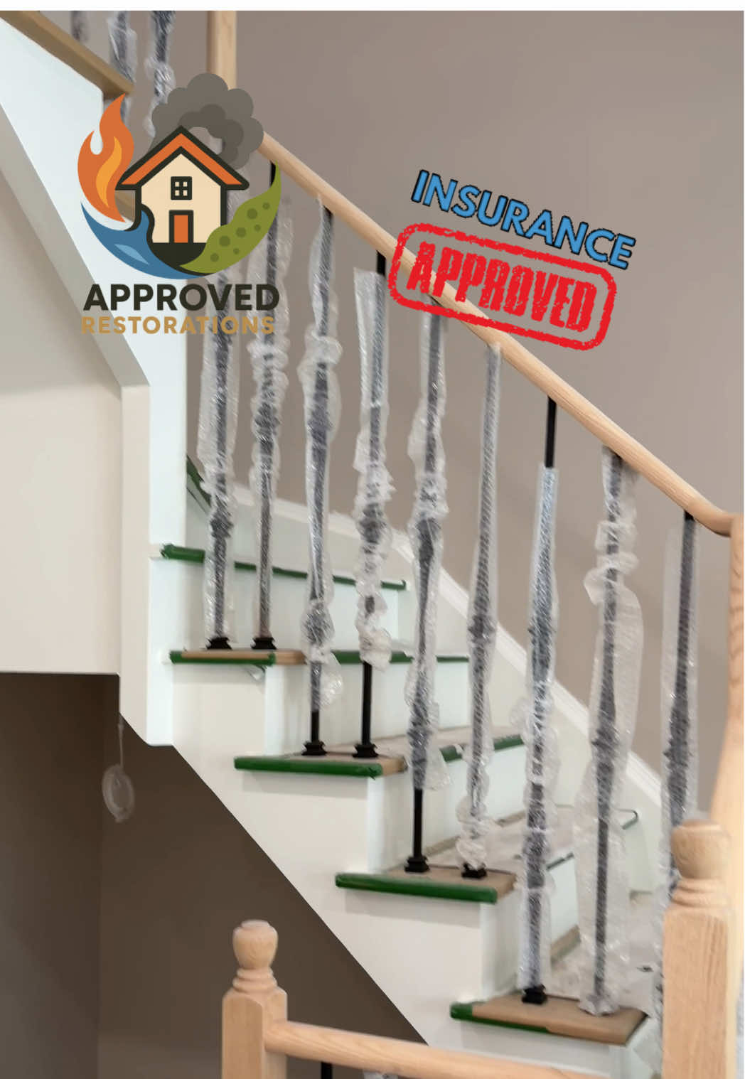 Following severe water damage at this Vaughan home, our crew is making major headway on the reconstruction by wrapping up the new stair pickets and moving straight into the kitchen rebuild, where we are mounting fresh cabinetry frame-by-frame using 3D renderings taped to the bare drywall before prepping for countertops and a new backsplash.