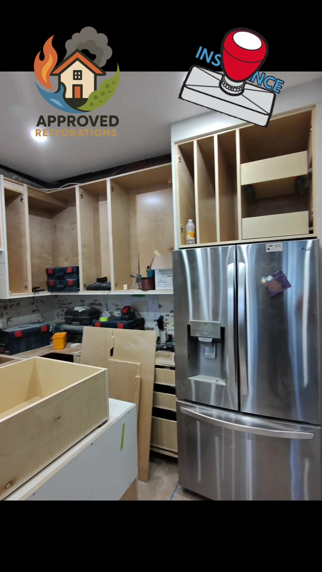 Water damage tore through the kitchen and basement of this Vaughan home, so our crew is pushing through a full-scale rebuild, wrapping up the bathroom tile and stair pickets before focusing on the main floor to hang custom cabinetry and map out the placement for the new center island.