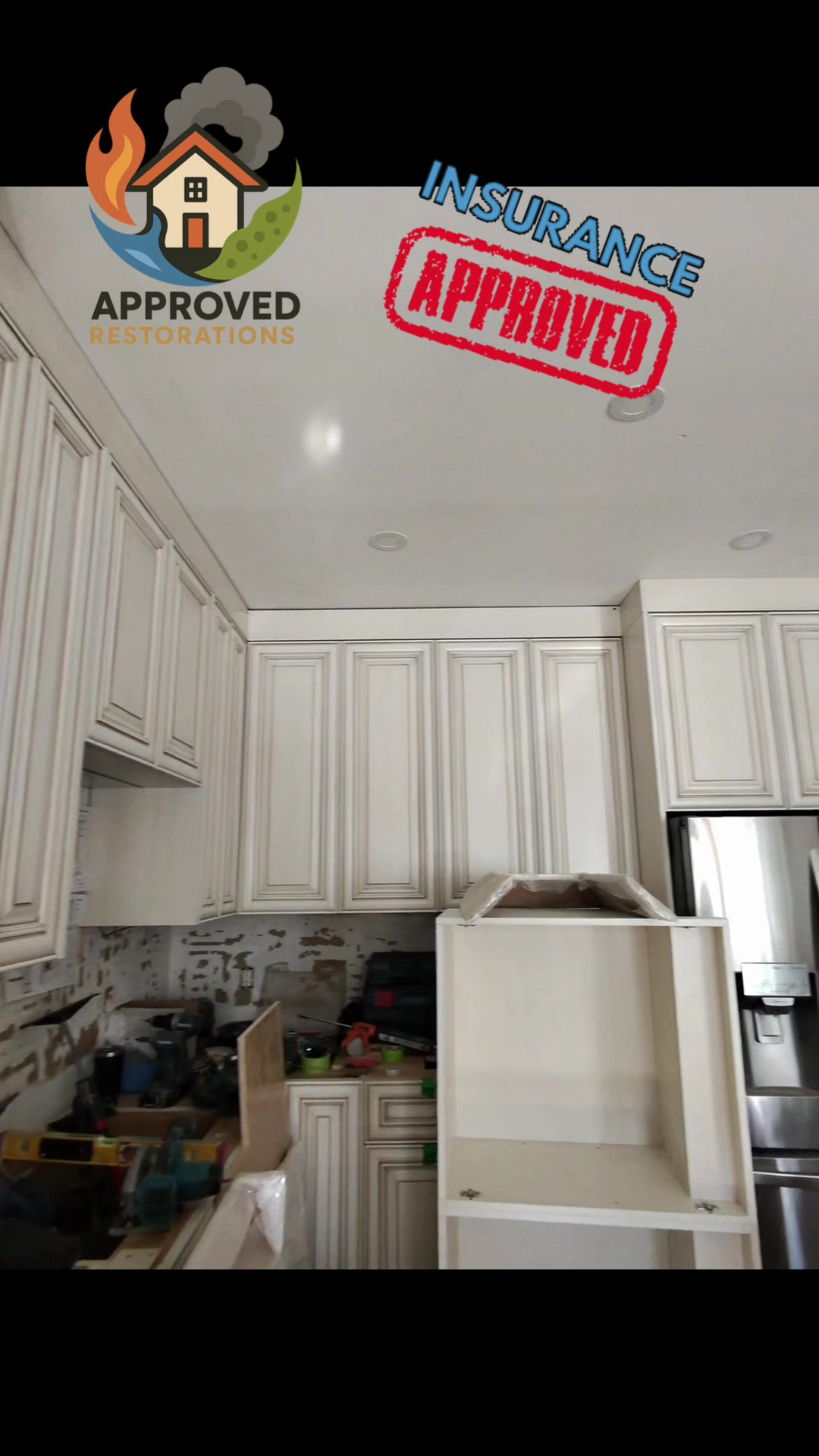 After severe water damage wiped out the kitchen and basement of this Vaughan home, our crew is pushing hard through the reconstruction phase—we've already finished the freshly tiled washroom and set the new toilet, and now we're actively assembling the white cabinetry and locking in the final layout for the kitchen island.