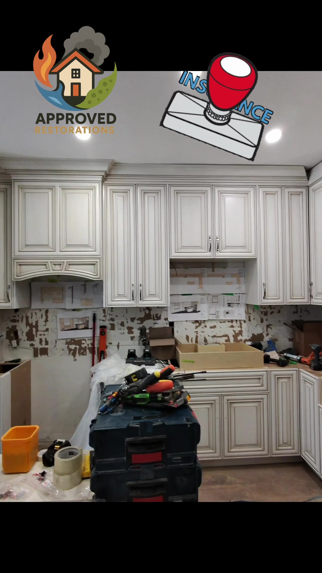 Following extensive water damage to this Vaughan home's kitchen and basement, our crew has the majority of the custom cabinetry installed and is now working off blueprints taped to the bare drywall to mount the soft-close handles, fit the vegetable drawers, and wire in the new puck lights for a complete rebuild.