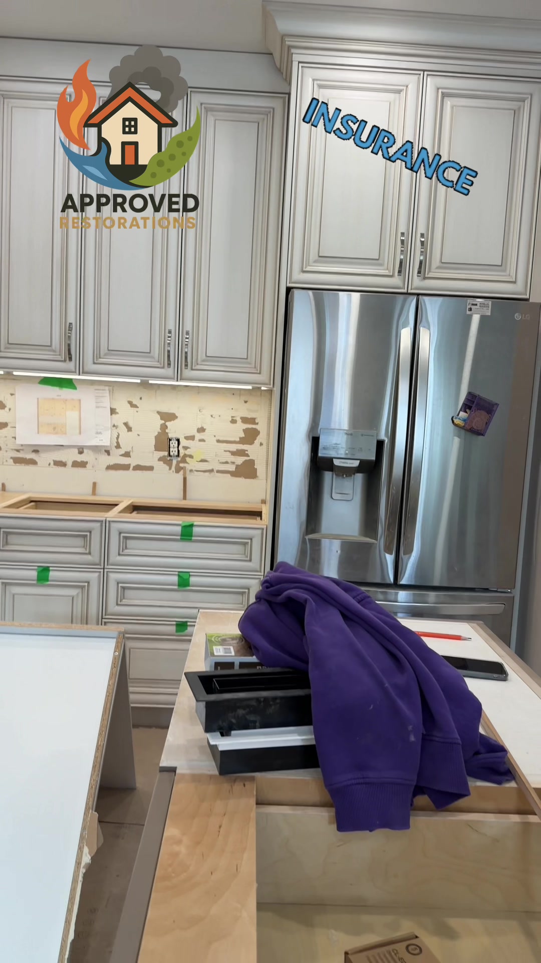 As we rebuild this Vaughan kitchen following severe water damage, our crew is dialing in the final custom details by splitting the electrical to separate the dining room lighting, adding new wall outlets, and swapping the upper cabinet shelves to glass just in time for today's countertop measurements.