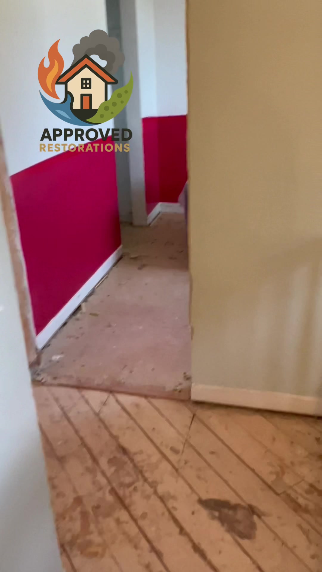 Midway through a full upper-floor remediation in Newmarket, our team has stripped the entire level down to the bare bones, pulling the flooring right to the subfloor and gutting the bathroom down to the studs to clear out the damage before we launch into a top-to-bottom rebuild.