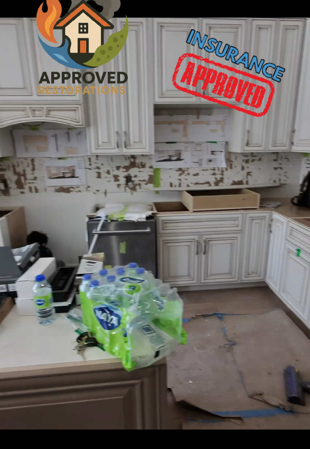 Tackling widespread water damage across the kitchen and basement of this Vaughan home, our crew is laying down heavy-duty floor runners and wrapping the stairways to protect the property while we tear out the soaked backsplash and pull the island sink for a full, insurance-approved rebuild.