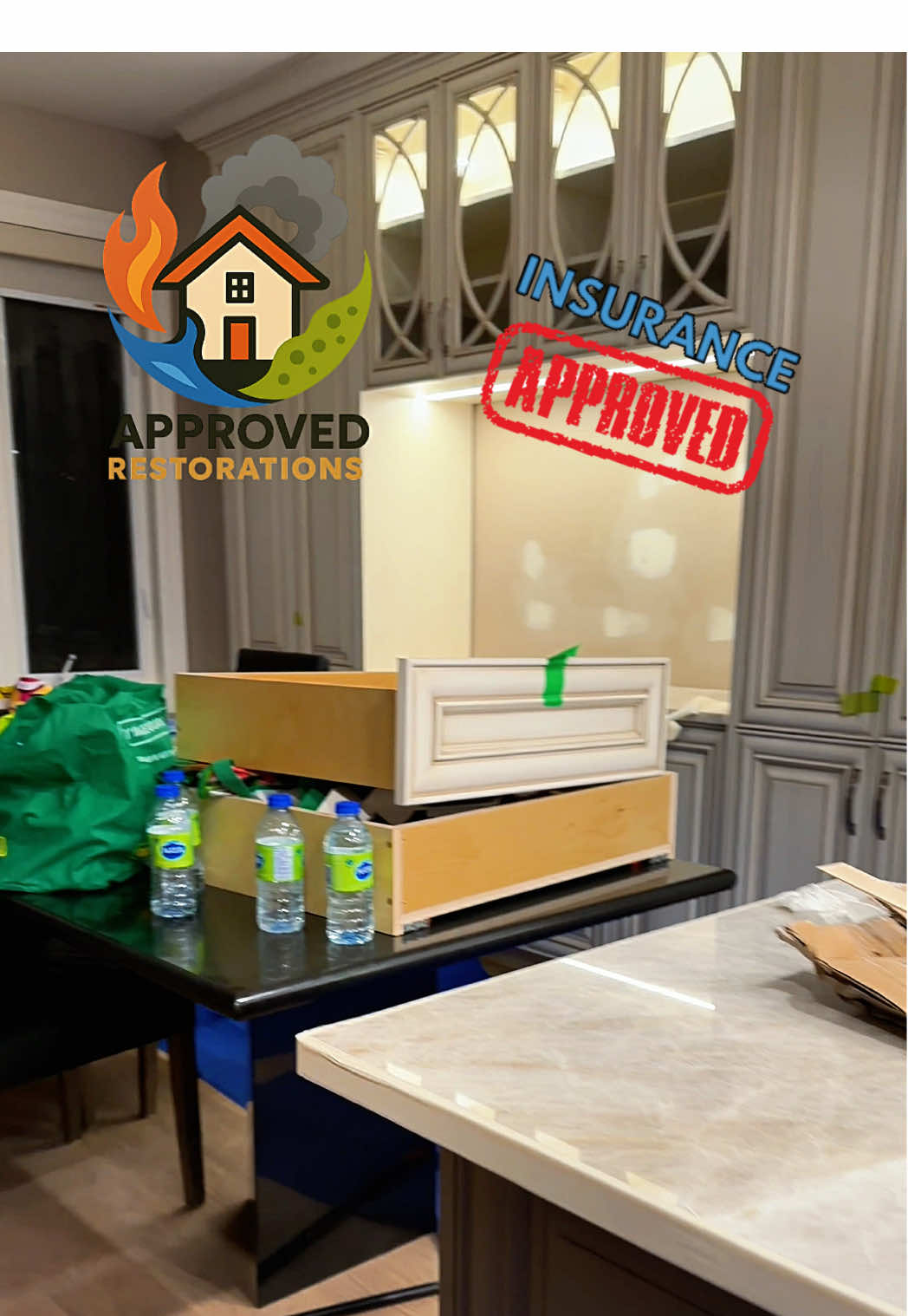 Following extensive water damage in this Vaughan home, our team is deep into the insurance-approved reconstruction phase, laying down protective floor runners, pulling the custom cabinetry drawers for precise repairs, and stripping the ruined kitchen backsplash down to the bare drywall to prep the space for fresh materials and a seamless finish.