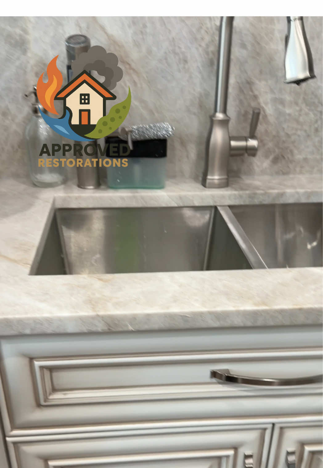 After water damage tore through this Vaughan kitchen and basement, our crew is pushing through the final stages of the rebuild by installing cabinet handles, cutting fresh crown molding, and fitting custom push-to-open sink drawers to maximize storage, prepping the space so we can mount the new range hood tomorrow.