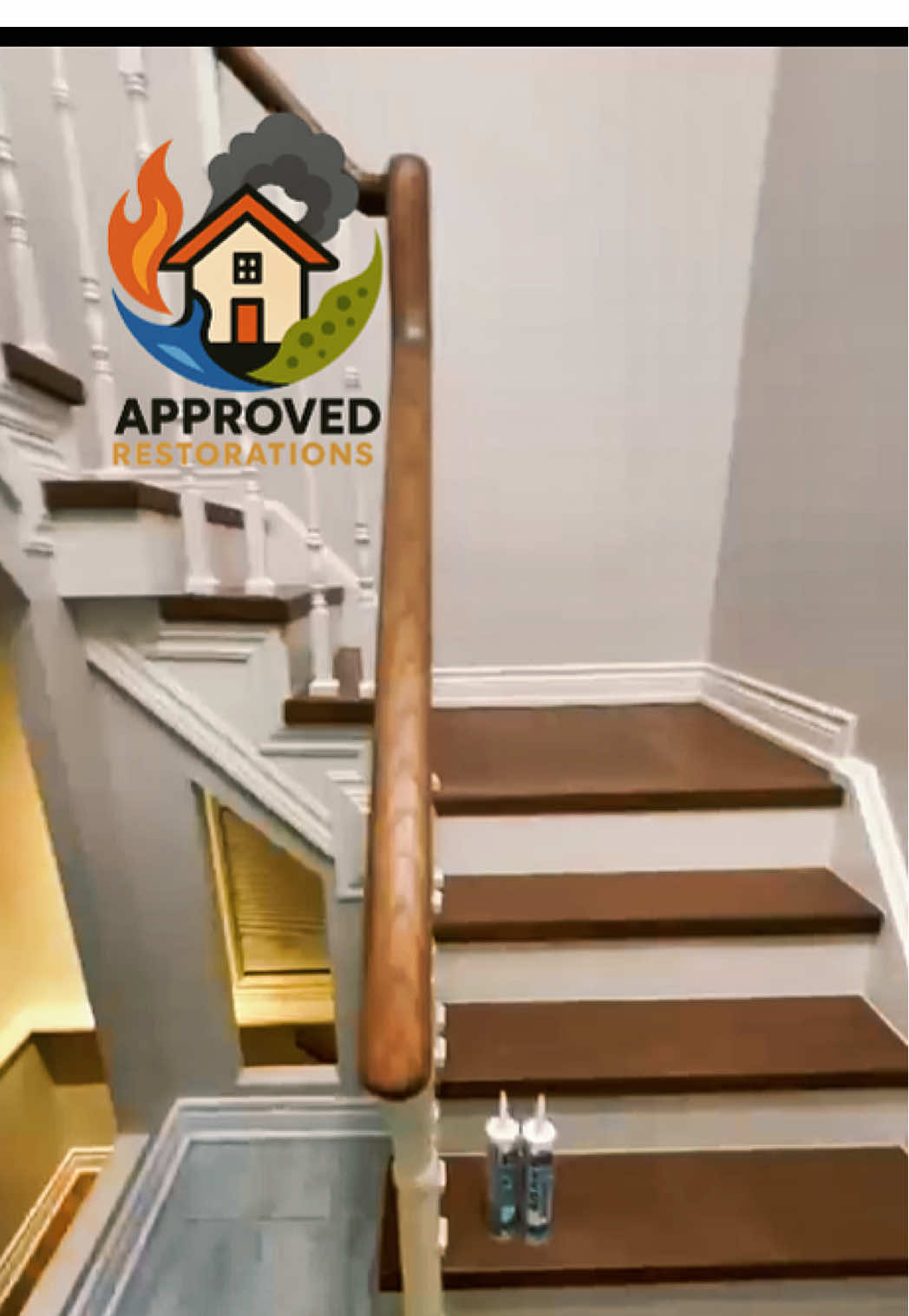 When water damage compromised the core of this Vaughan home, our crew stepped in to completely revamp the multi-level staircase, pairing rich dark wood treads with crisp white risers and spindles, and we are now laying down the final beads of caulk to wrap up a flawless top-to-bottom restoration.
