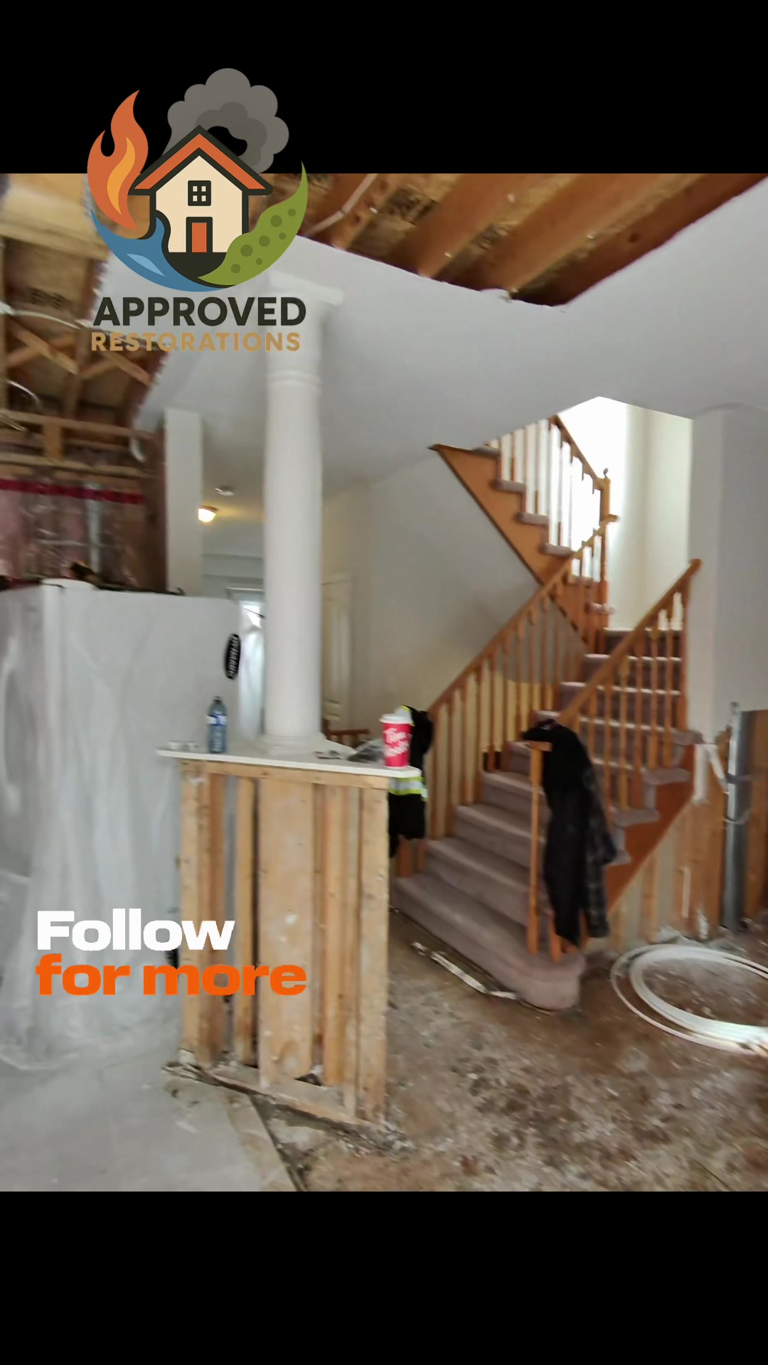 Following a massive water damage claim at this Richmond Hill home, our crew stripped the saturated main-floor drywall, opened the ceilings to track the plumbing, and deployed a fleet of commercial air movers before heading downstairs to clear debris from the gutted basement so the exposed framing can fully dry.