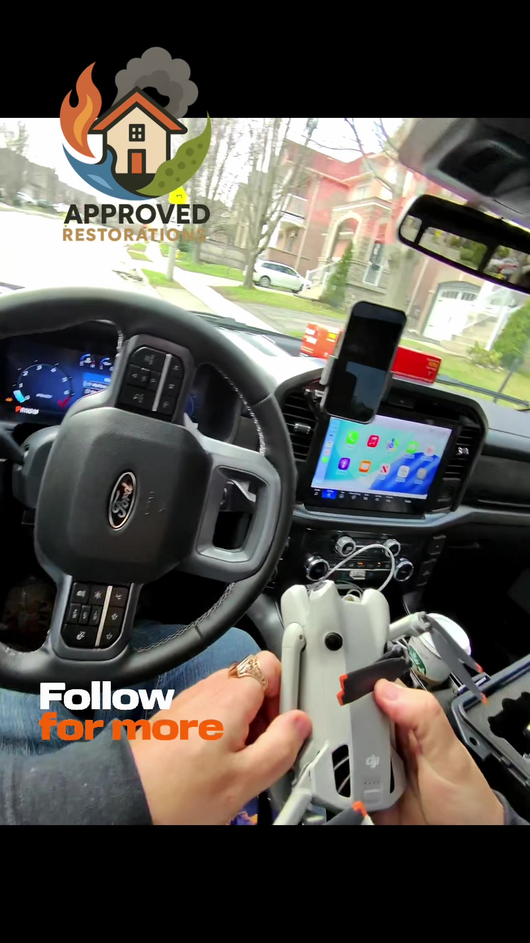 To investigate a leaking roof claim, our team launches a drone straight through the truck's sunroof to survey the affected slopes, quickly spotting enough damage on the right side to justify dispatching a dedicated roofer for a full inspection.