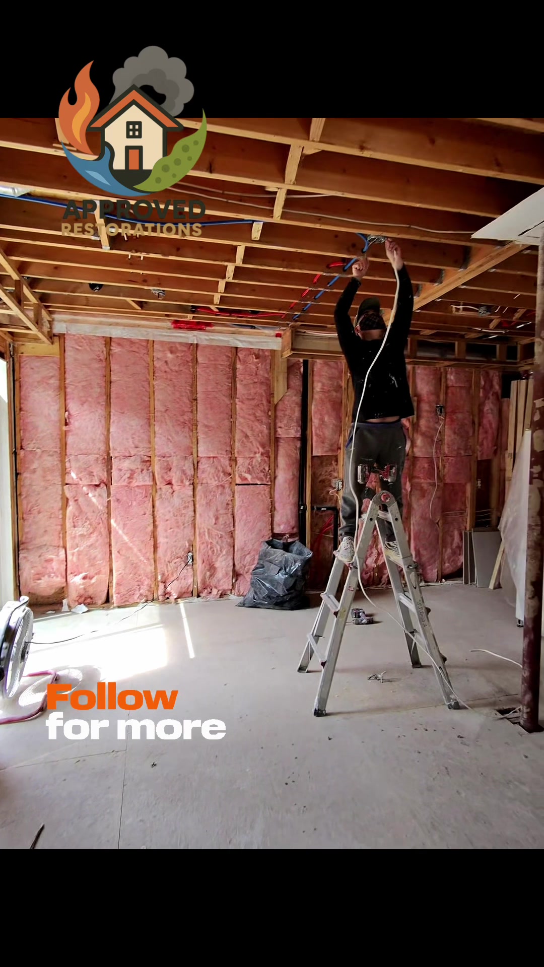 Pushing through the reconstruction phase after severe water damage at this Richmond Hill property, our crew is wiring new recessed lighting across the main level while our techs work downstairs to lay fresh vinyl plank flooring against the client’s newly chosen paint colors, finally making the space look like a home again.