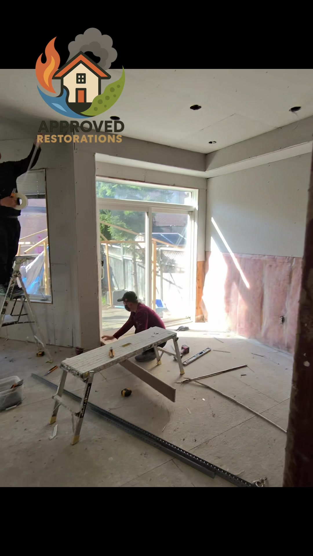 With the insurance claim approved following extensive water damage at this Richmond Hill home, our crew is making phenomenal progress on the top-to-bottom repair process, taping fresh ceiling drywall on the main floor before heading downstairs to wrap up the newly laid laminate flooring in the basement.
