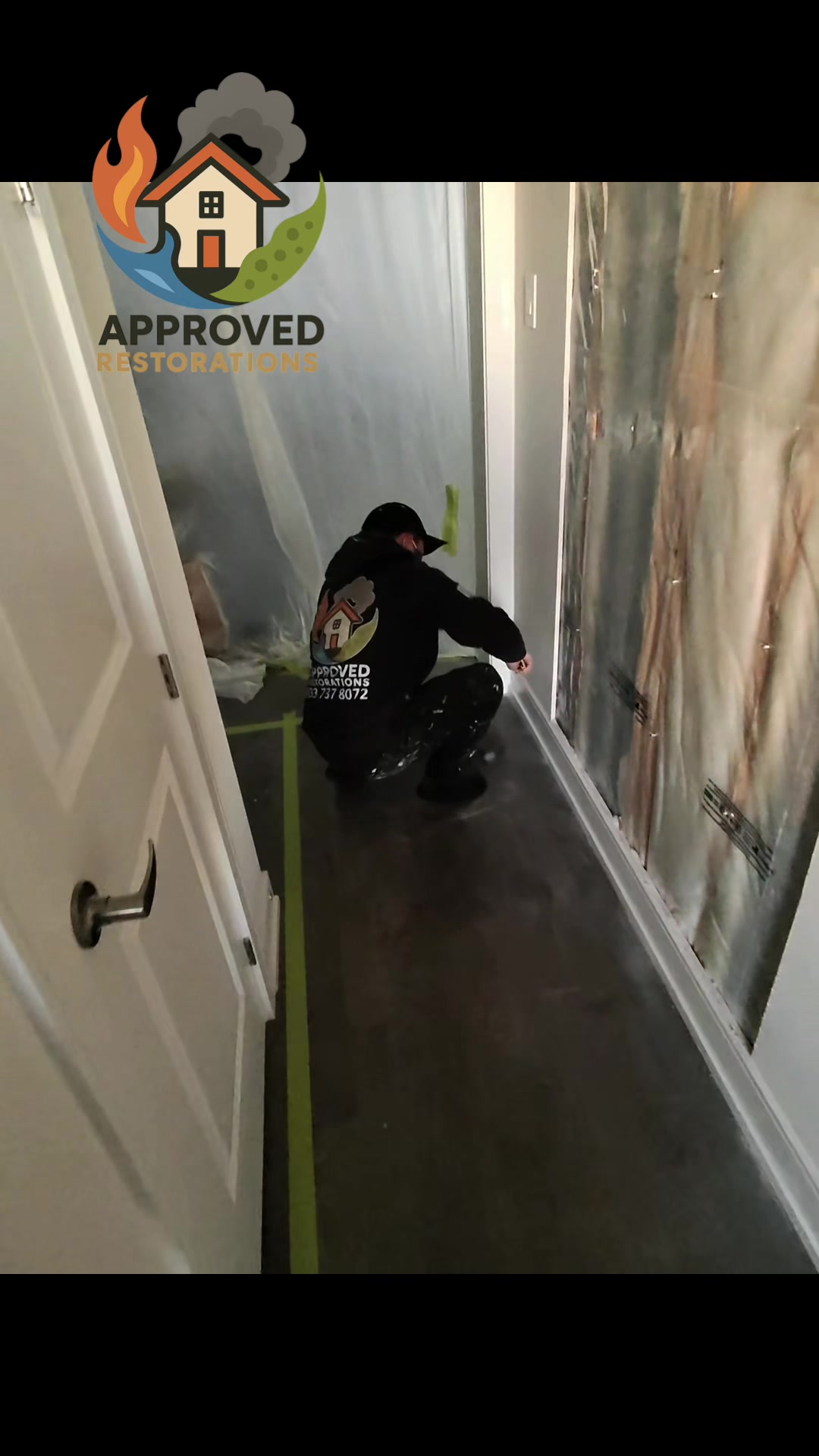 After a major bathroom leak at the upstairs vanity soaked straight through the floor to the ceiling below, our crew is tearing out the saturated drywall across both levels, pulling up wet baseboards, and prepping to strip the adjacent closet to ensure no trapped moisture survives.