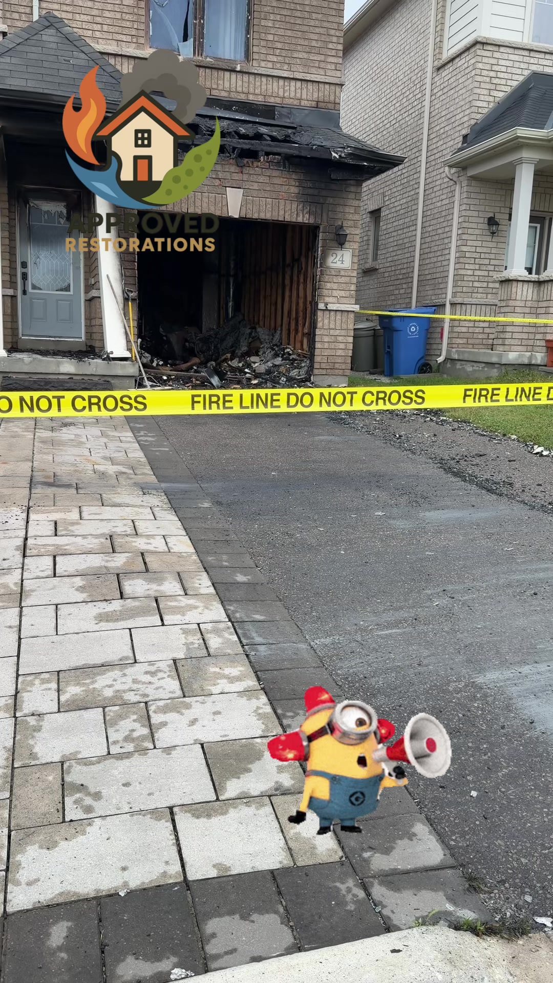 This home suffered extensive fire and smoke damage that completely gutted the attached garage and blew out the upstairs windows, so our crew is already on site clearing the driveway and staging fresh lumber to fully secure the property before we dive into the full scope of work.