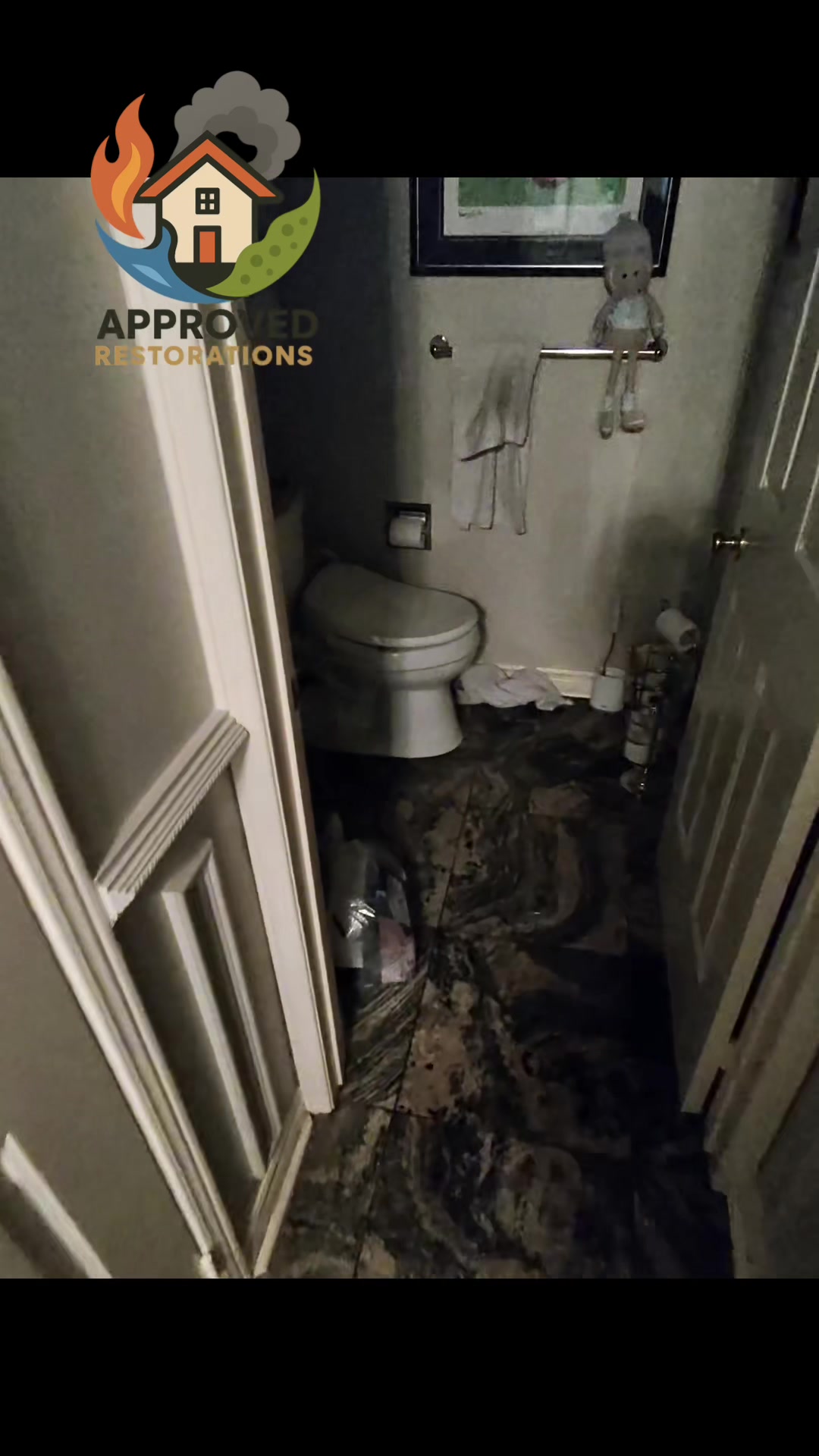 A leaking bathroom pipe flooded the upstairs of this Vaughan home and left a massive amount of water held up in the basement ceiling, so our crew is cutting open the drywall to release the overhead pooling while a plumber secures the line, prepping to tear out the soaked carpets and launch our full emergency remediation.