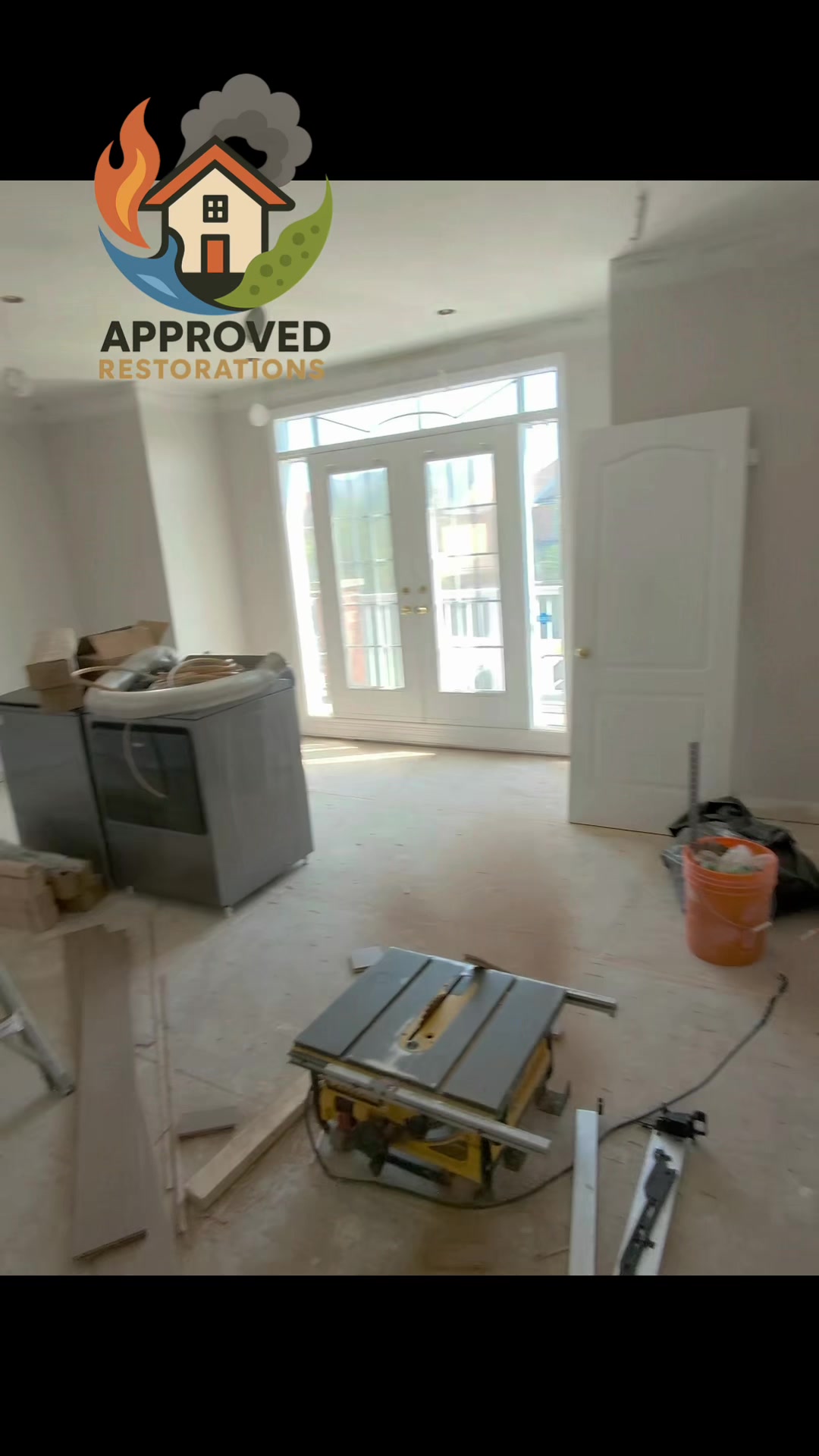 Back on site for a major water damage rebuild at this Vaughan home, our crew is making serious progress as we apply fresh plaster to the main walls and nail down the new hardwood flooring, while upstairs, our team works past the beautiful new accent walls to finish the final flooring cuts near the second-floor corner and bathroom closet.