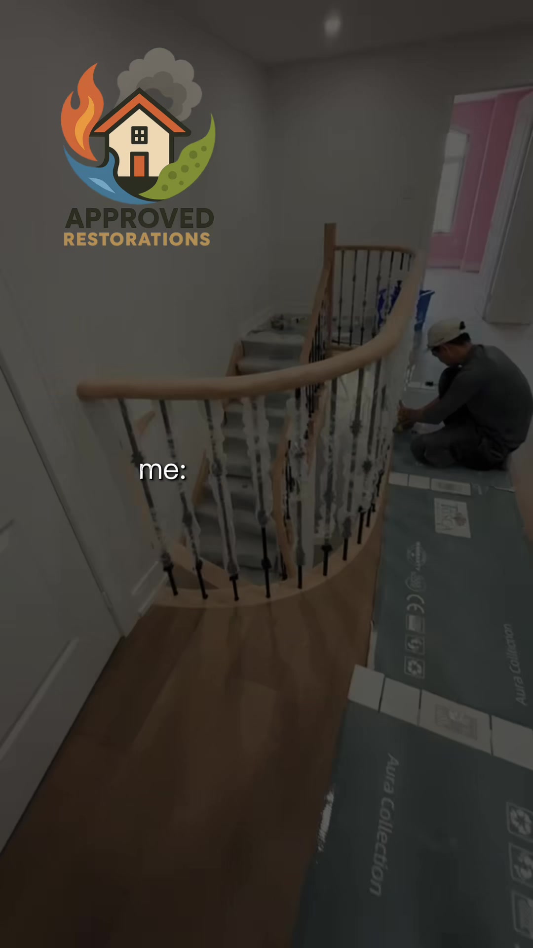 Tackling the final stages of a major water damage renovation at this Vaughan home, our crew is laying down thick floor protection over the fresh hardwood while we meticulously cut and fit the finishing baseboards around the curved staircase to bring this massive insurance rebuild across the finish line.