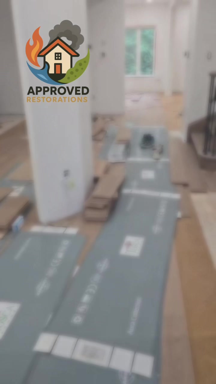 After extensive water damage forced a massive tear-out at this Vaughan home, our team shifted gears into the major reconstruction phase, rolling out heavy-duty floor protection down the main corridor and staging fresh stacks of hardwood planks to lay down a flawless new floor and close out this complex insurance claim.
